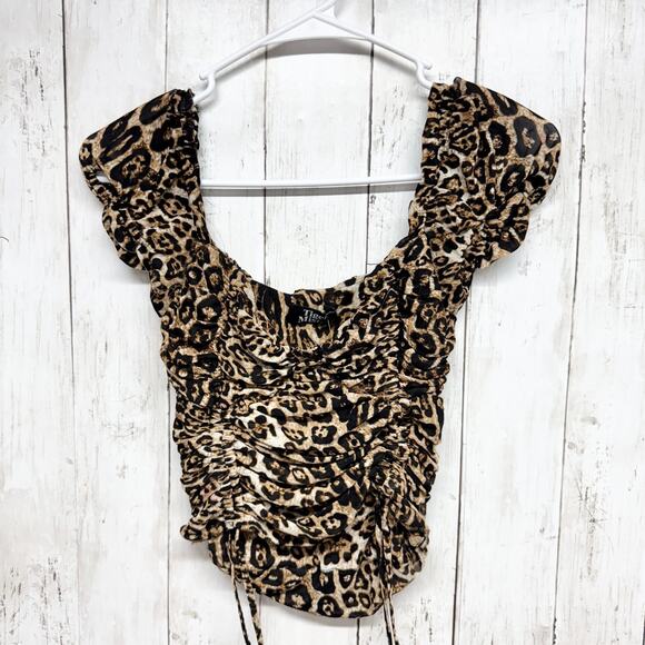 Tiger Mist Shirt Women Small Cheetah Print Cinched Ruched Short Sleeve Blouse - Picture 1 of 5